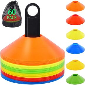 Soccer Disc Cones (60 Pcs) for Drills with Carry Bag and Holder, Football Cones for Sports, Agility Training, Basketball, Coaching, Practice, Outdoor Games