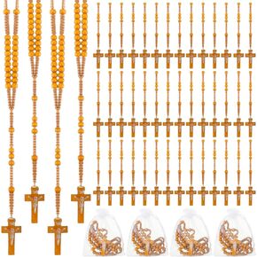 Tenceur 48 Pcs Wooden Rosary Beads Catholic Rosary with Jesus Cross First Communion Wood Carved Rosary Bulk with Organza Bags Catholic Gift Baptism Favors for Women Men(Light Brown)