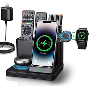 4 in 1 Wireless Charging Station for iPhone 15 14 13 12 11 Pro Max and Samsung, 15W Leather Wireless Charger Stand for Multiple Devices Apple Charging Station for AirPods & iWatch with Desk Organizer