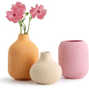 Ceramic Vase for Decor,Small Boho Vases Set for Home Decor,Modern Minimalist Farmhouse Decor,Decorative Bud Vases for Shelf Decor,Table, Bookshelf, Mantel and Entryway(Pink+Light Yellow+Orange)