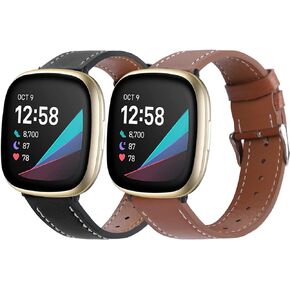 عبوتان من الأربطة الجلدية المتوافقة مع أساور Fitbit Versa 3/Fitbit Sense للنساء والرجال، حزام معصم بديل من الجلد الناعم الكلاسيكي لـ Fitbit Versa 3 / Fitbit Sense