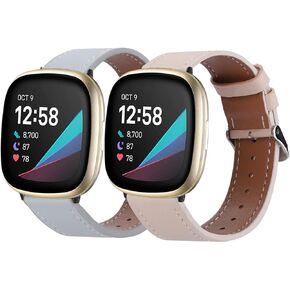 2 Pack Leather Bands Compatible with Fitbit Versa 3 Bands/Fitbit Sense Bands for Women Men, Classic Soft Leather Replacement Wristbands Strap for Fitbit Versa 3 / Fitbit Sense