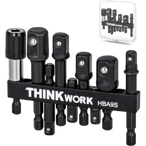 THINKWORK Impact Socket Adapter Set, 1/4" 3/8" 1/2" Drill Socket Adapter, 1/4" Hex Shank Impact Driver Socket Adapter for Cordless Drill, Impact Driver, Power Drill, Impact Drill, 9-Piece