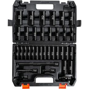 BOEN 35-Piece 1/2" Drive Deep Impact Socket Set - SAE 3/8"-1-1/4" & Metric 8-24mm, Extensions, Joint & Adapter, Cr-V Steel, Double Lock Case
