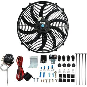 16" Slim Push Pull 12V Electric Radiator Cooling Fan with Adjustable Electric 12V Radiator Fan Thermostat Control Relay Wire Kit for All Radiators, Oil Coolers, Transmission Coolers