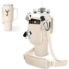 حقيبة حامل زجاجات المياه مع جيب للهاتف لكوب ستانلي 40 أونصة، حقيبة حامل زجاجة مياه من النيوبرين من كيكيمو مع حزام قابل للتعديل وحلقة تسلق لكوب ستانلي، ملحقات مثالية أثناء التنقل (أبيض) in Kuwait