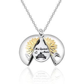 PLITI Quinceanera Gift Sweet 15th Birthday Sunflower Locket Necklace Mis Quince Anos Charm Jewelry Spanish Latina Cumpleanos Gift