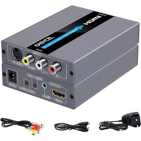 RCA Svideo to HDMI Converter, RCA Composite CVBS AV or Svideo + R/ L Audio Input to HDMI Output Upscale Converter, Supports 720P/ 1080P Output Switch for N64, PS2, Wii, DVD
