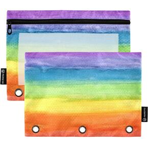 Colorful Stripe Rainbow Pencil Pouch for 3 Ring Binder Case Clear Window Stationery Bag for Organizers Office Daily College Supplies 2 Pack