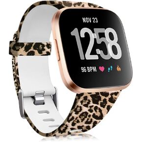 Maledan Compatible with Fitbit Versa/Fitbit Versa 2/Fitbit Versa Lite Bands for Women Men, Silicone Pattern Water Resistant Wristband Replacement for Fitbit Versa Smart Watch, Leopard, Large