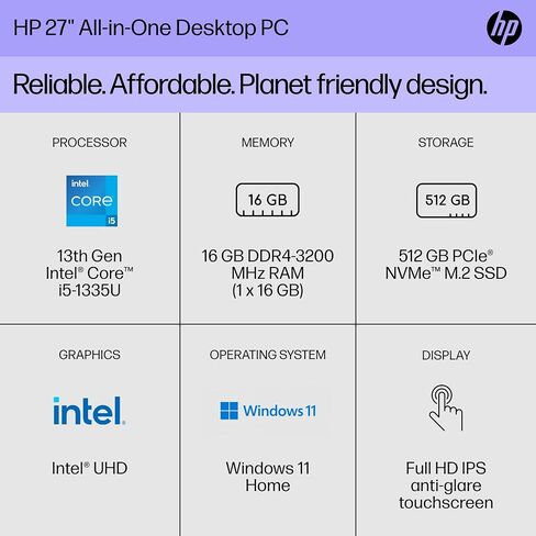 كمبيوتر مكتبي HP الكل في واحد مقاس 27 بوصة، شاشة FHD، الجيل الثالث عشر Intel Core i5-1335U، ذاكرة الوصول العشوائي 16 جيجابايت، 512 جيجابايت SSD، Intel UHD Graphics، Windows 11 Home، 27-cr0070 (2023) in Kuwait