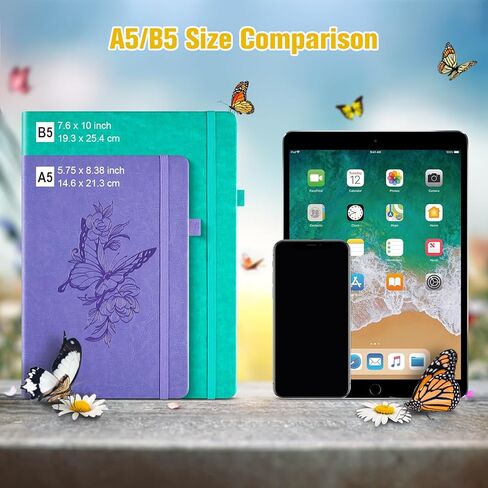 Lined Notebook Journal for Women, 312 Numbered Pages A5 Thick Leather Journal, 100gsm Paper Daily Journal for Work Travel, Hardcover College Ruled Notebook, Giftable Butterfly Floral Notebook, Purple in Kuwait