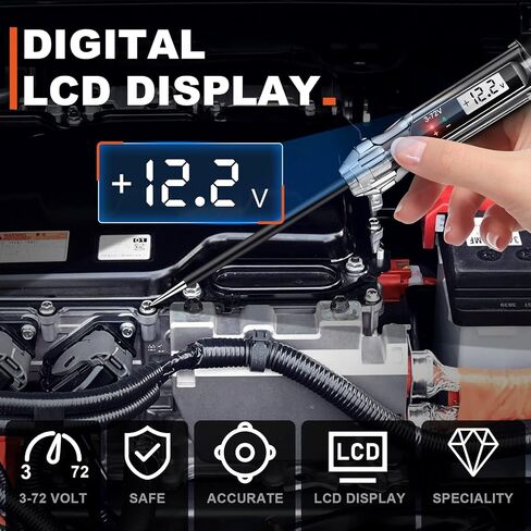 جهاز اختبار الدائرة التلقائي LCD بإضاءة خلفية 3-72 فولت، ضوء اختبار السيارات مع سلك ممتد 140 بوصة وقطبية تشير إلى ضوء LED، جهاز اختبار ضوء الجهد المنخفض لشاحنة السيارة مع مسبار حاد من الفولاذ المقاوم للصدأ in Kuwait