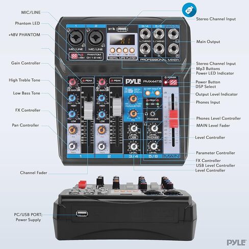 Pyle Professional Wireless DJ Audio Mixer - 6-Channel Bluetooth Compatible DJ Controller Sound Mixer w/ DSP Effects, USB Audio Interface, Dual RCA In, XLR/1/4" Microphone In, Headphone Jack- PMX44T.5 in Kuwait