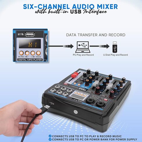 Pyle Professional Wireless DJ Audio Mixer - 6-Channel Bluetooth Compatible DJ Controller Sound Mixer w/ DSP Effects, USB Audio Interface, Dual RCA In, XLR/1/4" Microphone In, Headphone Jack- PMX44T.5 in Kuwait