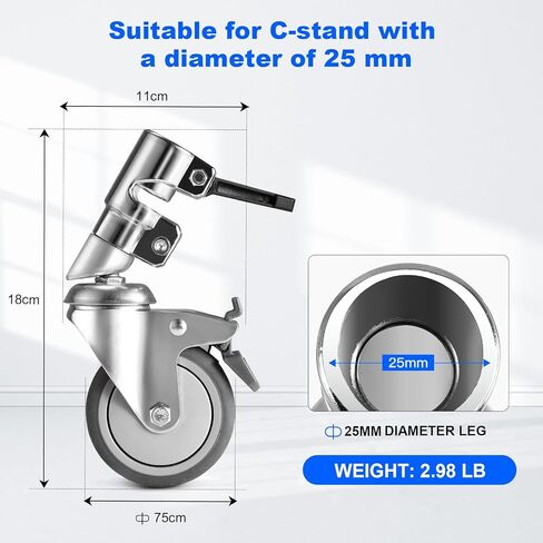 3 عبوات من عجلات دوارة احترافية من سوونفو لحامل إضاءة التصوير الفوتوغرافي بقطر 25 مم، هيكل معدني متين وقاعدة مطاطية للاستوديو/السجاد/الأرضيات الخشبية/الرخام (فضي) in Kuwait