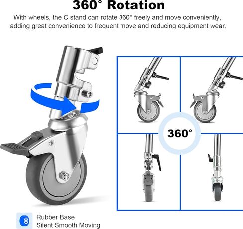 3 عبوات من عجلات دوارة احترافية من سوونفو لحامل إضاءة التصوير الفوتوغرافي بقطر 25 مم، هيكل معدني متين وقاعدة مطاطية للاستوديو/السجاد/الأرضيات الخشبية/الرخام (فضي) in Kuwait