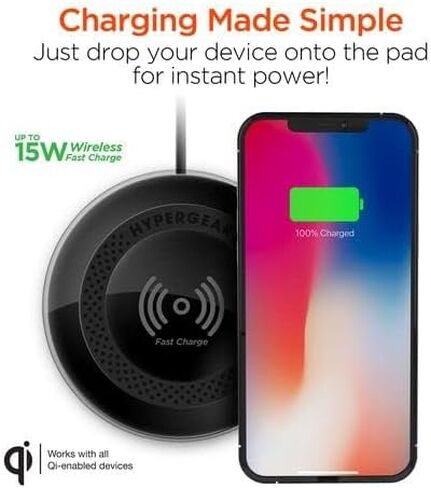 شاحن لاسلكي سريع، قاعدة شحن للهاتف الخلوي اللاسلكي HyperGear مع مؤشر طاقة LED [يشحن عند الاتصال] توافق عالمي لهاتف iPhone 15/14/13/Pro Max/Pro، Galaxy S24/S23 والمزيد [أسود] 15652 in Kuwait