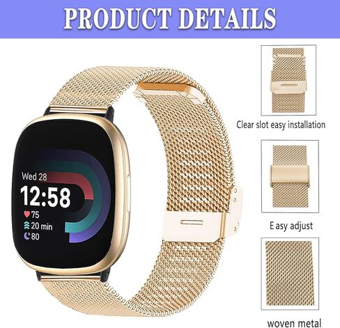 أساور ماتيل متوافقة مع Fit bit Versa 3/Versa 4/Sense/Sense 2 للنساء والرجال، سوار معصم بديل شبكي من الفولاذ المقاوم للصدأ من أجل Fit bit Versa 4/Fit bit Versa 3 in Kuwait