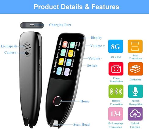 قلم قراءة، قارئ قلم مترجم 134 لغة لعسر القراءة، قلم ماسح ضوئي لترجمة اللغات الأجنبية، جهاز تحويل النص إلى كلام للطلاب البالغين (أسود) in Kuwait
