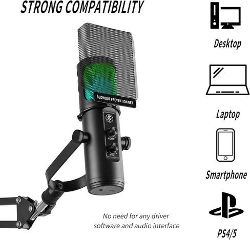 ميكروفون USB مكثف USB لمجموعة ميكروفون ألعاب الكمبيوتر مع إضاءة RGB وحامل ذراع قابل للتعديل وحامل صدمات للبث والتسجيل الصوتي والبث والألعاب in Saudi Arabia