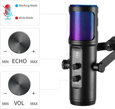 ميكروفون USB مكثف USB لمجموعة ميكروفون ألعاب الكمبيوتر مع إضاءة RGB وحامل ذراع قابل للتعديل وحامل صدمات للبث والتسجيل الصوتي والبث والألعاب in Saudi Arabia