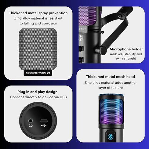 ميكروفون USB مكثف USB لمجموعة ميكروفون ألعاب الكمبيوتر مع إضاءة RGB وحامل ذراع قابل للتعديل وحامل صدمات للبث والتسجيل الصوتي والبث والألعاب in Saudi Arabia
