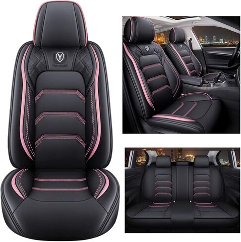 أغطية مقاعد السيارة الجلدية المريحة 5 مقاعد مجموعة كاملة تناسب الجميع (أسود ووردي in Kuwait