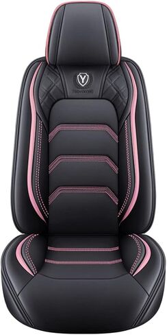 أغطية مقاعد السيارة الجلدية المريحة 5 مقاعد مجموعة كاملة تناسب الجميع (أسود ووردي in Kuwait