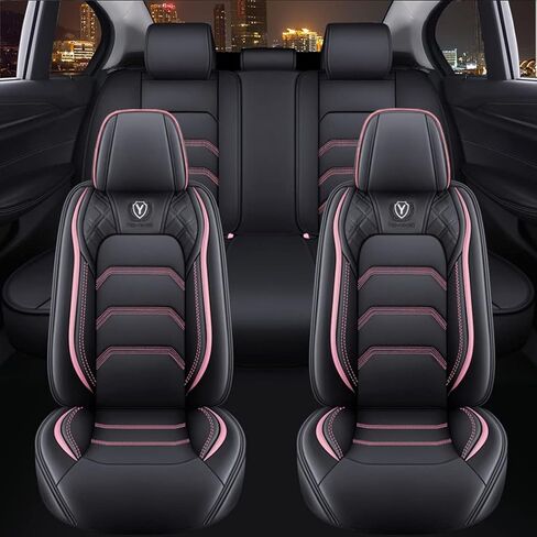أغطية مقاعد السيارة الجلدية المريحة 5 مقاعد مجموعة كاملة تناسب الجميع (أسود ووردي in Kuwait