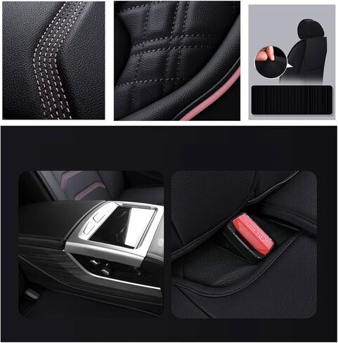 أغطية مقاعد السيارة الجلدية المريحة 5 مقاعد مجموعة كاملة تناسب الجميع (أسود ووردي in Kuwait