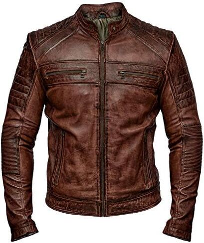 Mens Biker Vintage Antique Brown Cafe Racer Real Leather Jacket in Kuwait