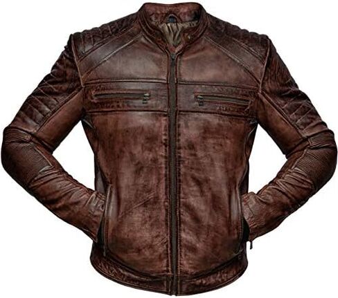 Mens Biker Vintage Antique Brown Cafe Racer Real Leather Jacket in Kuwait
