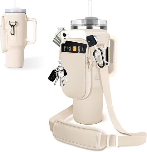 حقيبة حامل زجاجات المياه مع جيب للهاتف لكوب ستانلي 40 أونصة، حقيبة حامل زجاجة مياه من النيوبرين من كيكيمو مع حزام قابل للتعديل وحلقة تسلق لكوب ستانلي، ملحقات مثالية أثناء التنقل (أبيض) in Kuwait