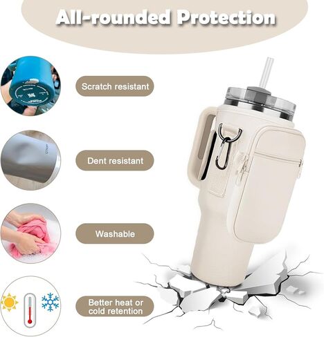 حقيبة حامل زجاجات المياه مع جيب للهاتف لكوب ستانلي 40 أونصة، حقيبة حامل زجاجة مياه من النيوبرين من كيكيمو مع حزام قابل للتعديل وحلقة تسلق لكوب ستانلي، ملحقات مثالية أثناء التنقل (أبيض) in Kuwait