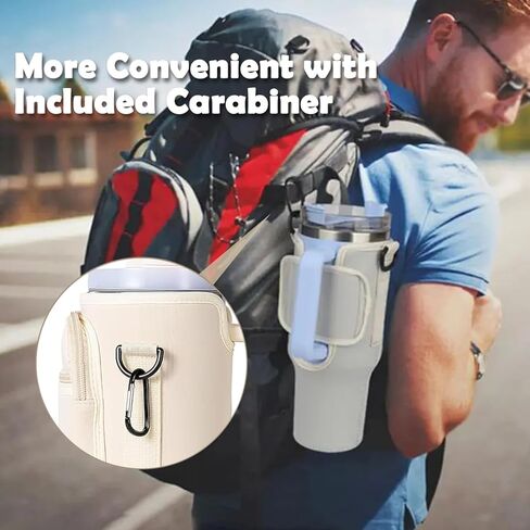 حقيبة حامل زجاجات المياه مع جيب للهاتف لكوب ستانلي 40 أونصة، حقيبة حامل زجاجة مياه من النيوبرين من كيكيمو مع حزام قابل للتعديل وحلقة تسلق لكوب ستانلي، ملحقات مثالية أثناء التنقل (أبيض) in Kuwait