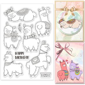 GLOBLELAND Alpaca Clear Stamps Happy Birthday Gift Box Silicone Clear Stamp Seals Cartoon Animals Transparent Stamps for DIY Scrapbooking Cards Making Photo Album Journal