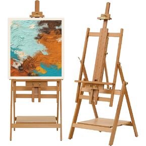ATWORTH American Oak Large Studio H-Frame Painting Easel, Hold Canvas up to 60", Deluxe Wooden Adjustable Artist Floor Easel Stand with Large Built-in Storage Shelf