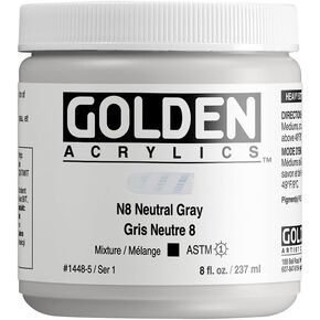 Heavy Body Acrylics by GOLDEN, N8 Neutral Gray, 8 fl. oz. Jar, Professional Acrylic Paint, Opaque
