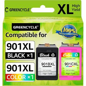 GREENCYCLE 2 Pack 901XL Black and Tri-Color Ink Cartridge Combo Pack CC654AN CC656AN 901 XL High Yield Remanufactured Cartridge Compatible for HP Officejet 4500 J4550 J4660 Printer (1 Black, 1 Color)