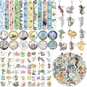 98pcs Dragon Party Party Favors Dragon Knight Decorts مع Dragon Dragon Slap Bracelets Dragons Dragon Badge Dragon Keychains Dragon Tattoos for Dragon Baby Shower Supplies