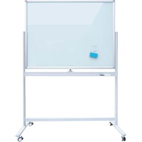 Large Mobile Glass White Board with Wheels - 48"x36" Rolling Dry Erase Glass Whiteboard with Stand, Quick Flip Over Reversible Glass Board, Standing Double-Sided Board