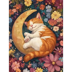 Pavemlo 5D Diamond Art Kits for Adults Orange Moon Cat, Full Drill Diamond Art Flowers Pictures Paint with Diamonds, DIY Cross Stitch Jewel Art Rhinestone Craft for Home Wall Decor 12x16 Inch
