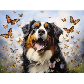 Bernese Mountain Dog Butterflies 5D Diamond Art Painting Kits Full Drill Round Diamond Art DIY Gems Paint by Diamond Number Kits for Beginners Crystal Cross Stitch for Wall Decoration 12x16inch