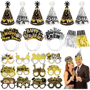 Howaf 36PCS New Year Eve Party Supplies - 2025 Nye Party Favors ، Decorations ، Hate Hats ، Beadbands ، Glasses and Associory Kit