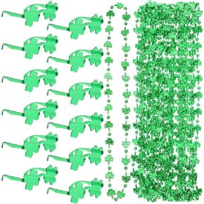 Junkin 24 Pcs St. Patricks Shamrock Glasses and Shamrock Bead Necklaces St Patricks Day Party Favors Set 4 Leaf Clover Party Sunglasses Green Beaded Necklace for Adult St Patricks Decoration