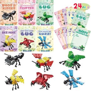 24 Pack Animal Building Blocks Valentines Day Cards for Kids, Classroom Exchange Pack, School Valentines Day Gifts, Party Favor