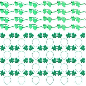 Crowye 48 Pcs St. Patrick's Day Accessories Bulk Including 24 Pcs Green Shamrock Clover Headband Boppers and 24 Shamrock Glasses for Irish Party Favor Decoration(Heart Shaped)