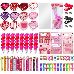 170 PCS Valentines Day Gifts Classroom Supplies - Valentine Stationery مجموعة بأقلام قلبية ، وأدفاب محفوظات ، وحكام ، وإشارات مرجعية ، وأكياس ، وبطاقات ، وجوائز لصالح الحفلات المدرسية