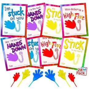 28 Packs Valentines Day Slappy Hands Sticky Happy Hands with Valentines Cards for Kids Class Valentines Day Classroom Exchange Party Favors and Gifts